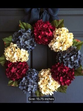 Holiday Hydrangea Wreath in Cream, Red, and Blue